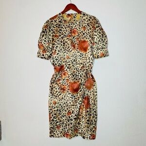 ESCADA Vintage Silk Floral Leopard Print Faux Wrap Dress Size 38